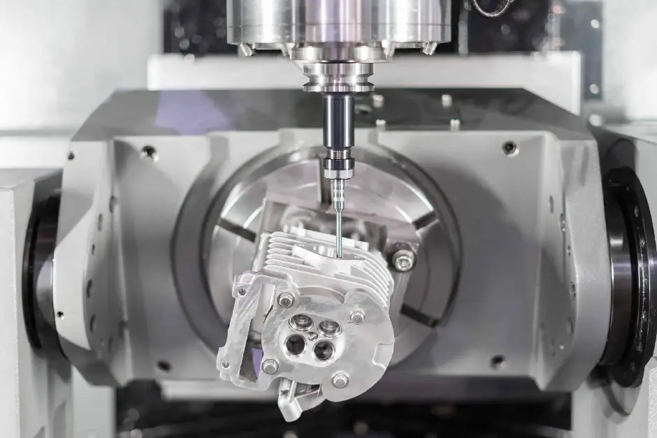 Close-up of a 5-axis CNC machine precisely machining a complex aluminum engine component for low-volume production.