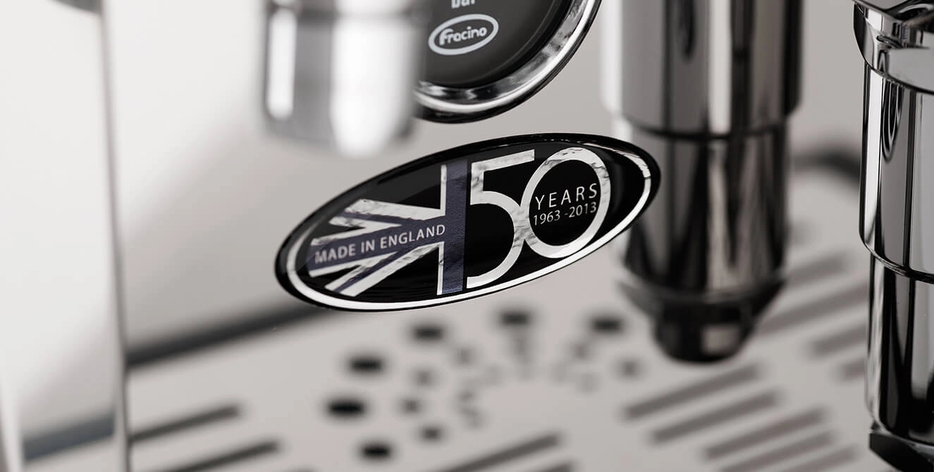 Closeup of 50 years anniversary badge on Fracino coffee machine