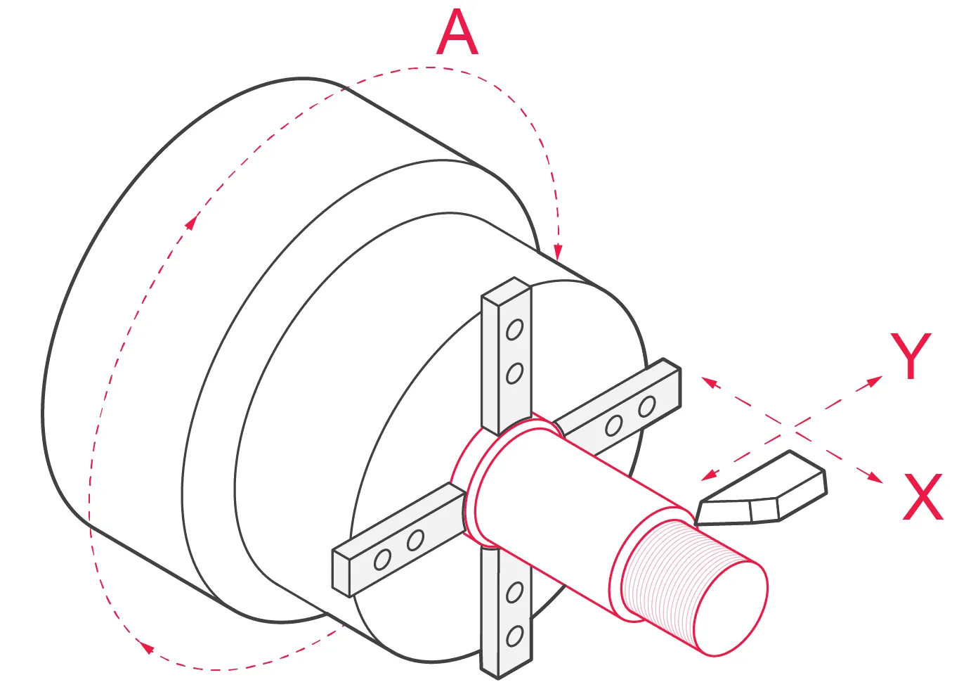 A drawing of a large metal object with a red handle
