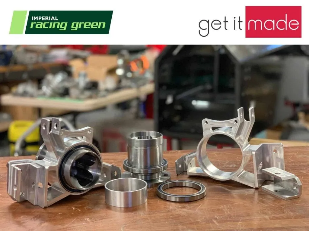 CNC Machined Parts with Imperial Racing Green and Get It Made Logos