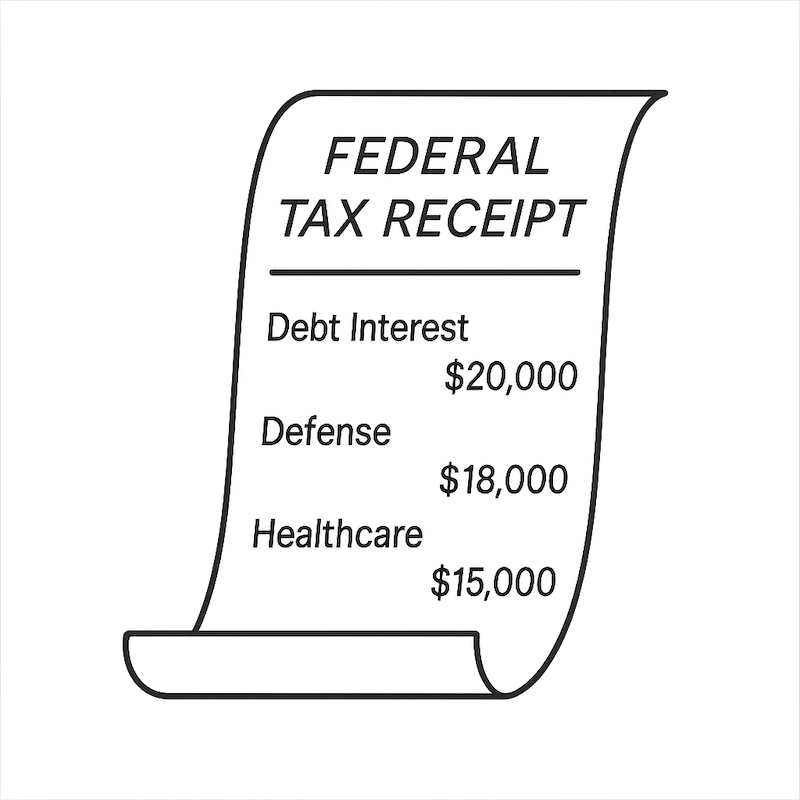 A receipt that reads "Federal Tax Receipt - Debt Interest $20,000, Defense $18,000, Healthcare $15,000"