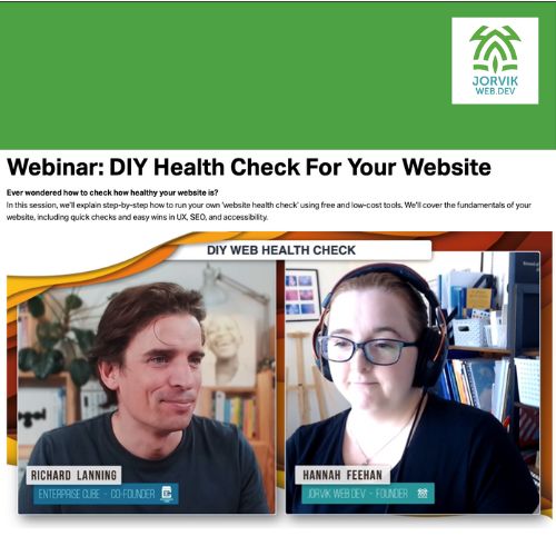 DIY Website Health Check - a picture of Hannah Feehan and Richard Lanning during the webinar with Jorvik Web Dev branding