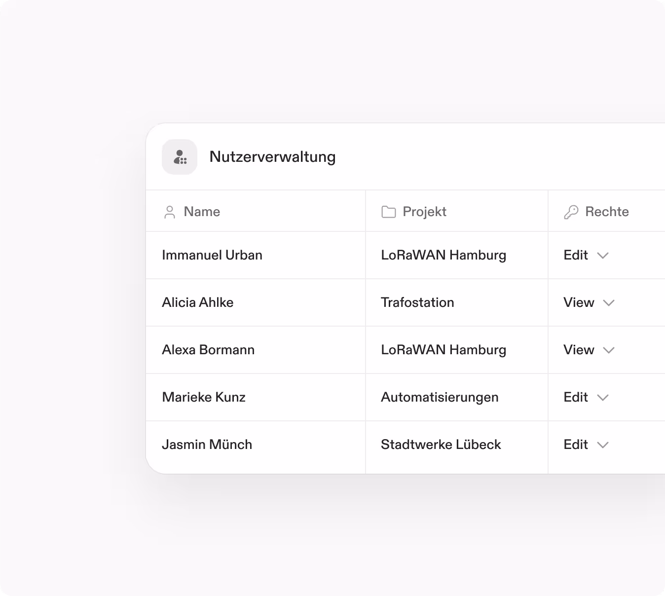 User management interface showing employee names, projects, and access rights