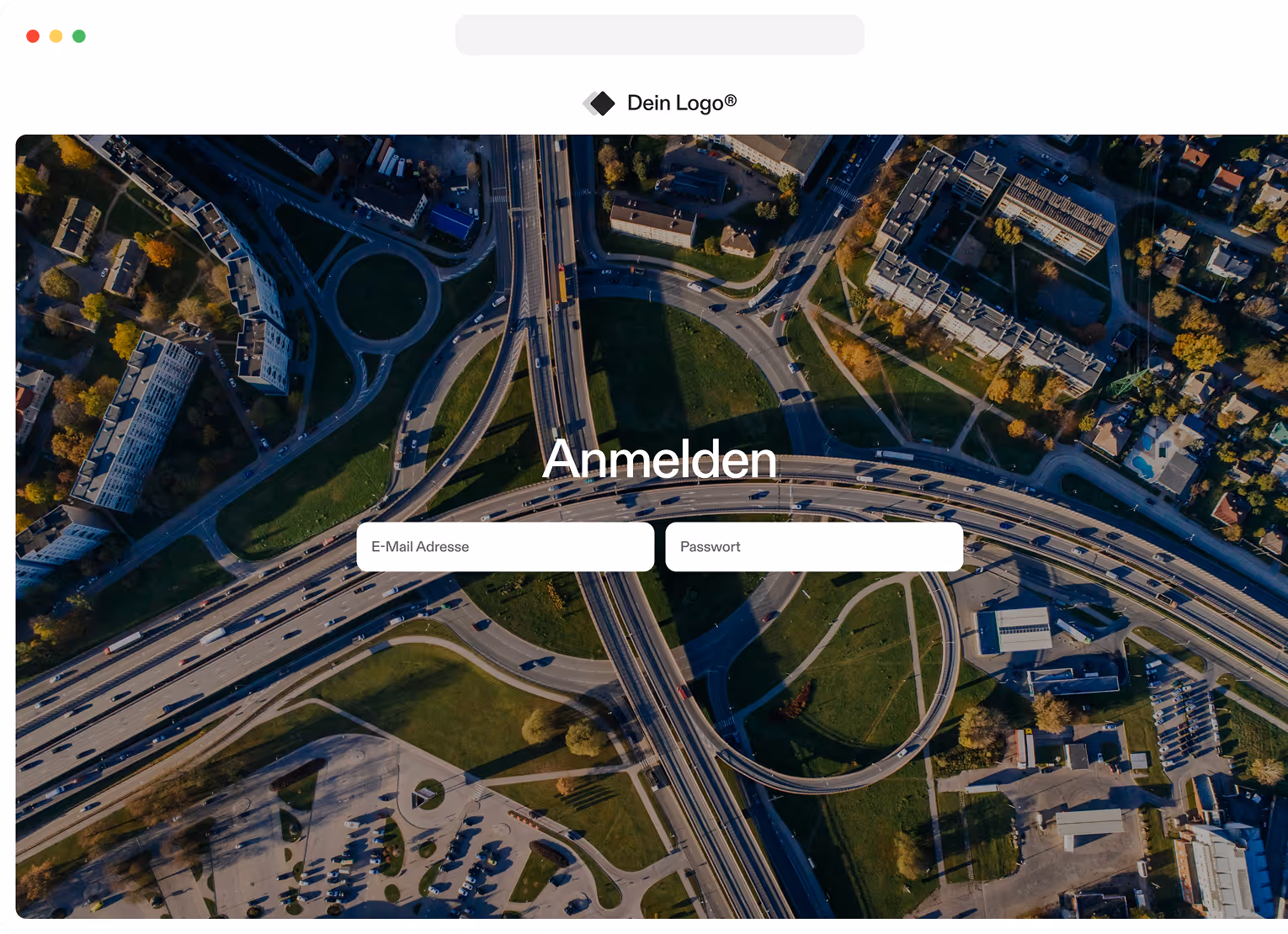Aerial view of complex highway intersection with login screen overlay
