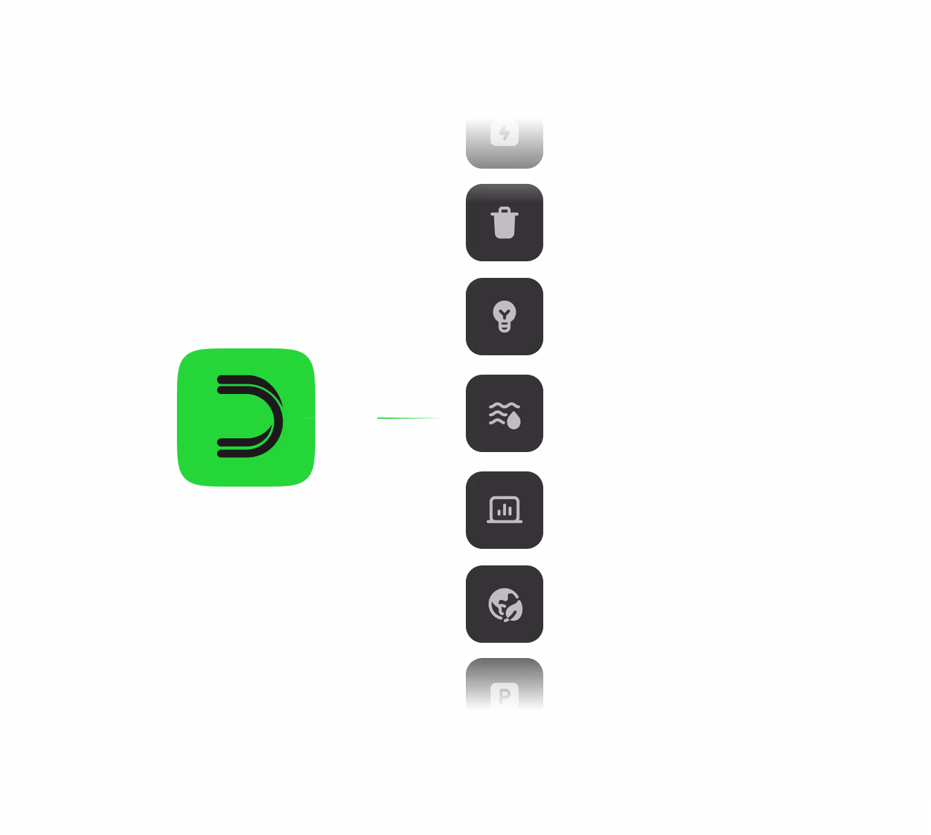 Green and black app interface with menu icons and navigation