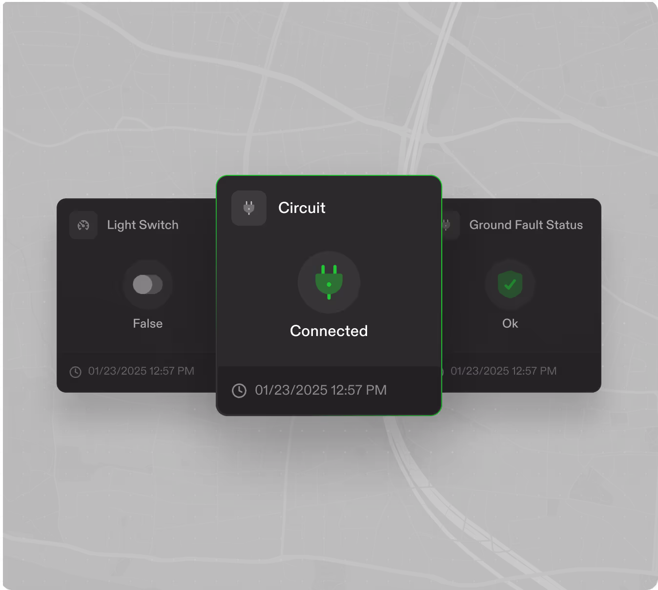 Electrical system dashboard showing circuit connection, light switch, and ground fault status