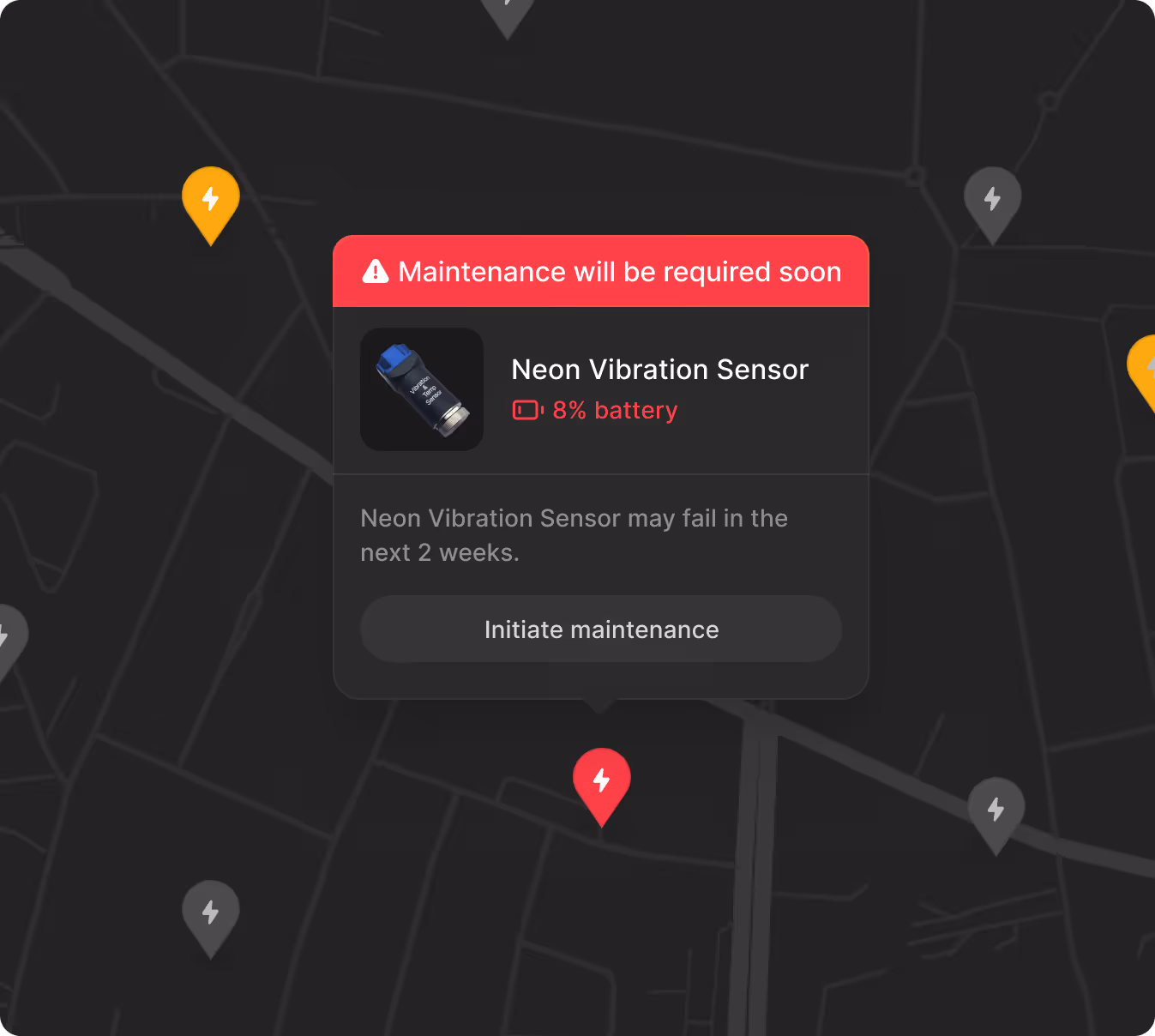 Maintenance alert for Neon Vibration Sensor with low 8% battery