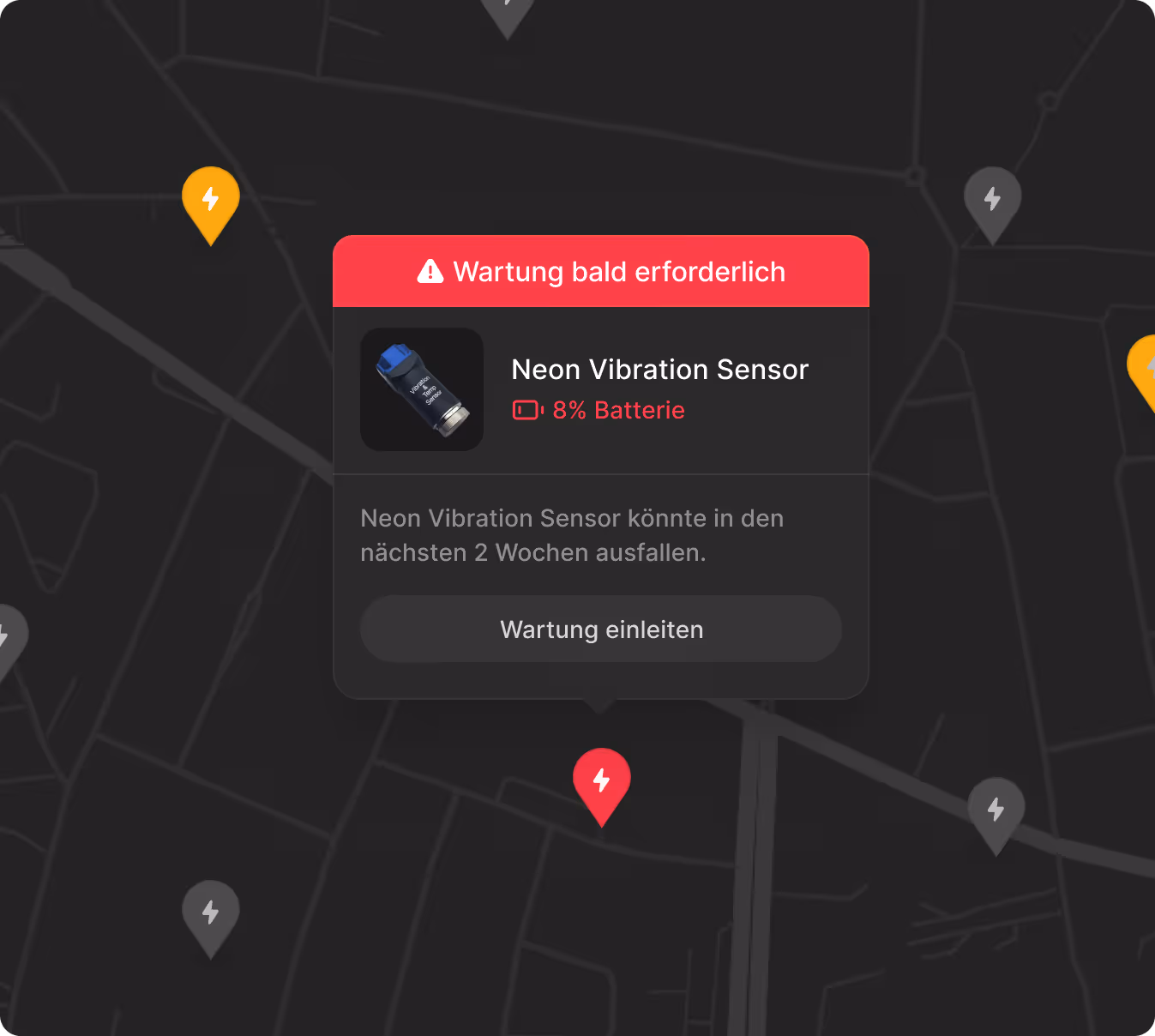 Neon Vibration Sensor alert with low battery and maintenance warning