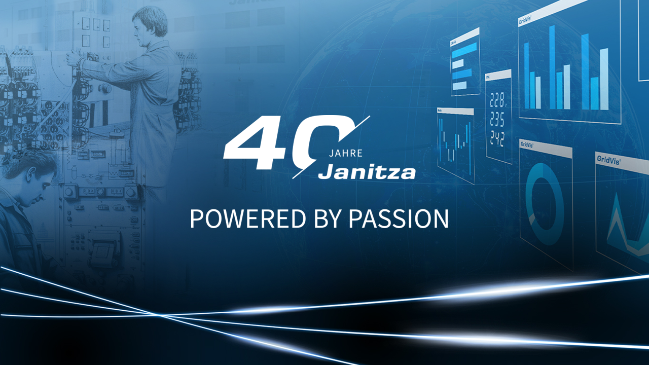 40 Jahre Janitza Logo mit Menschen an technischen Anlagen und digitalen Datenanzeigen, Slogan „Powered by Passion“. 