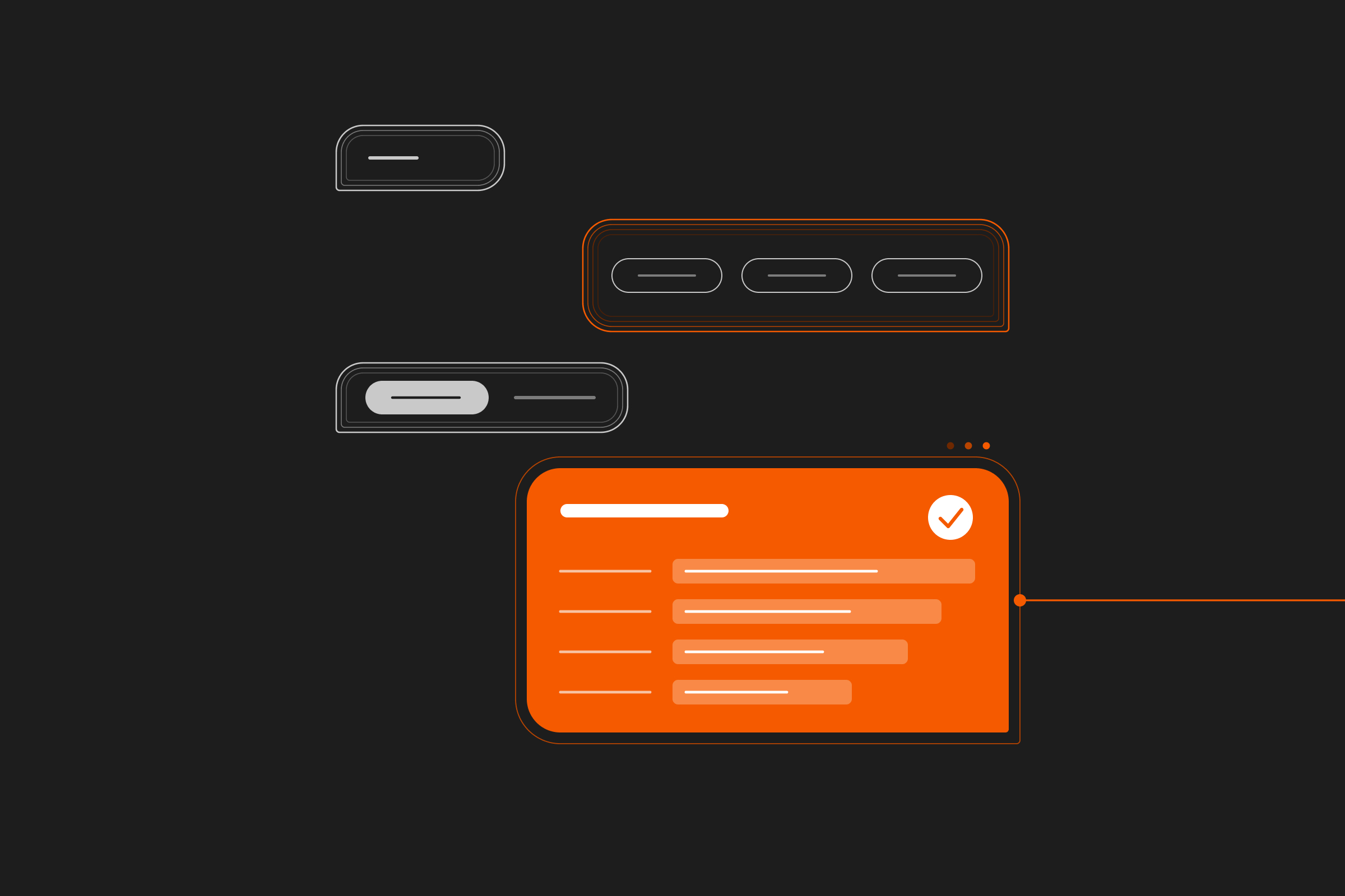 Chat bubbles growing more solid, ending in an orange purchase request card with a checkmark