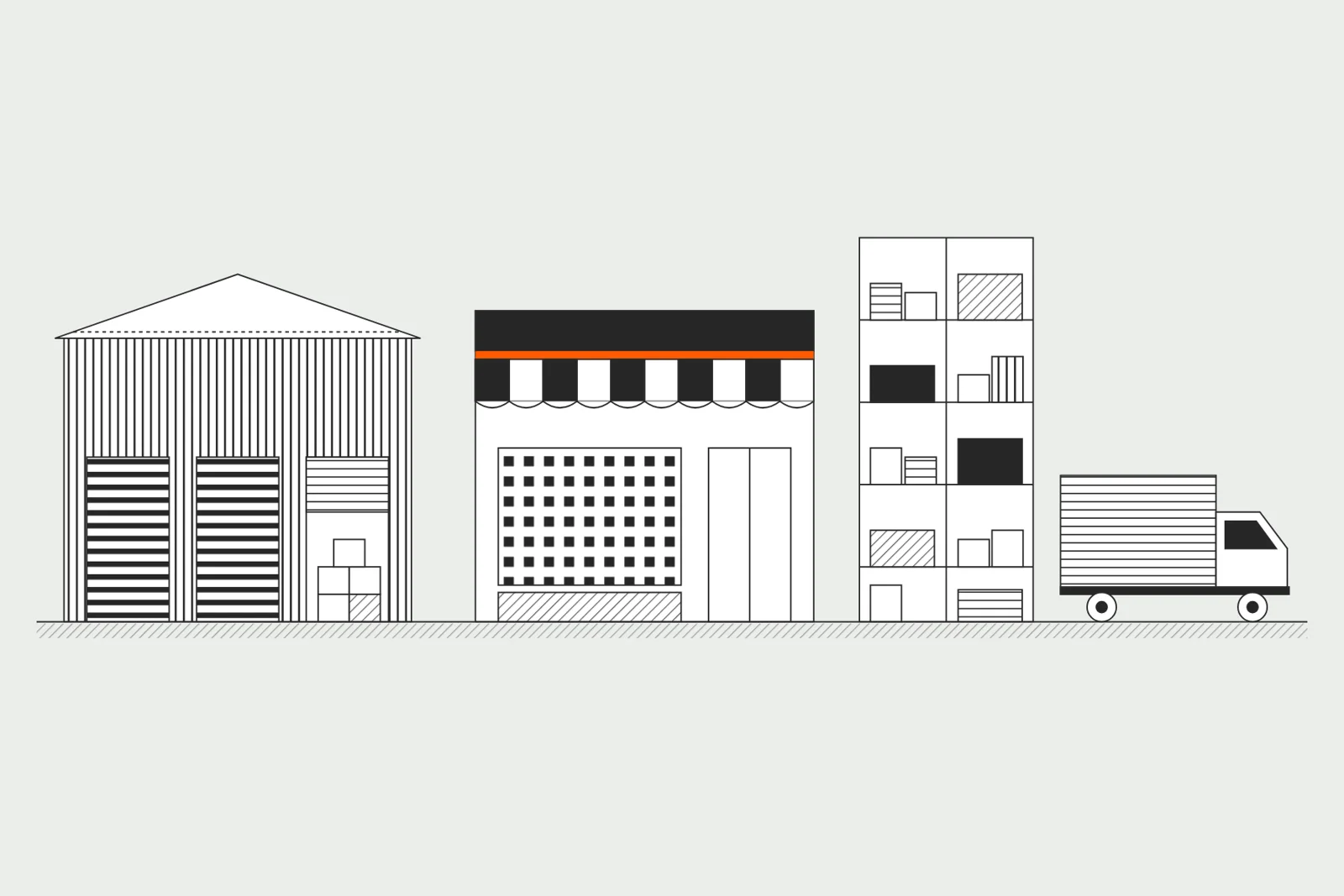 Line illustration of a distribution centre, retail store, stocked racking and delivery truck, representing the retail supply chain
