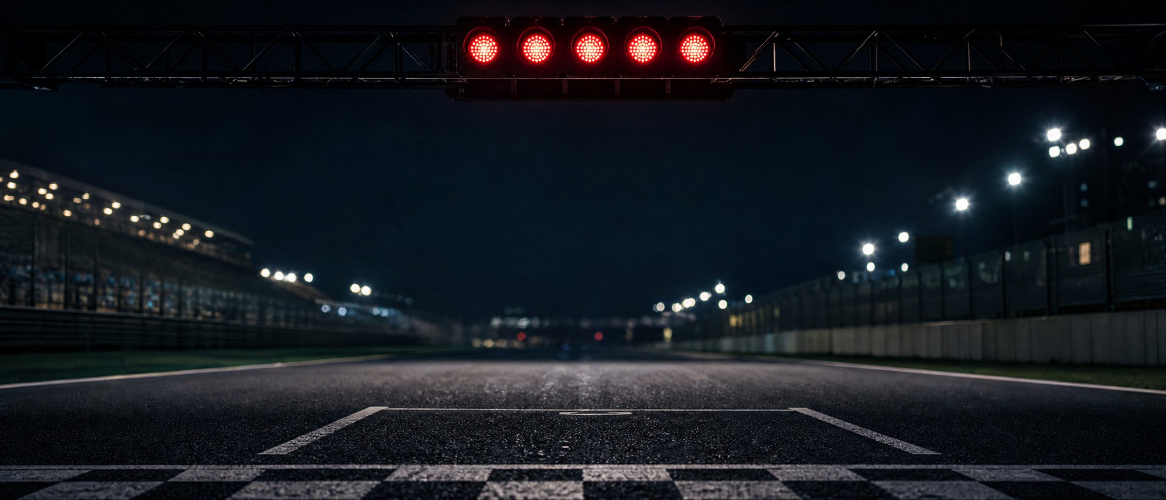 Five red start lights over a racing grid at night