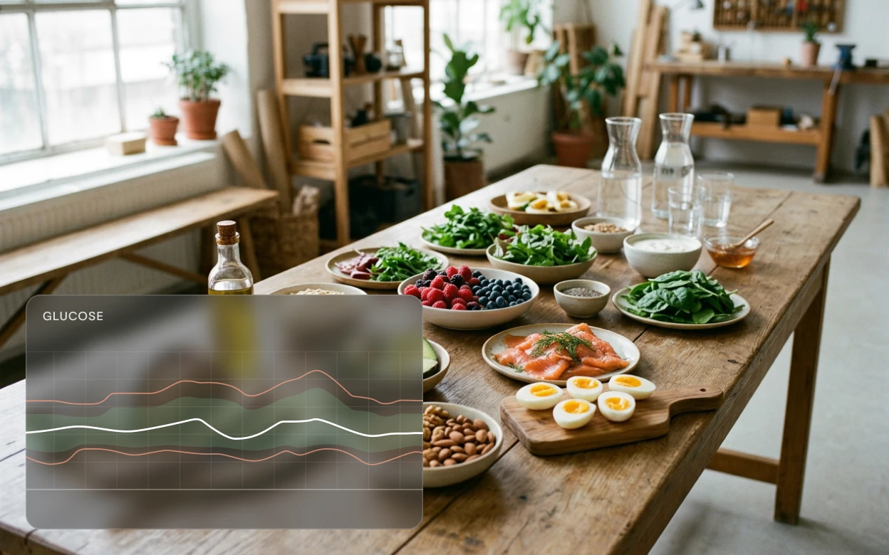 Shared table of real foods with a live glucose panel