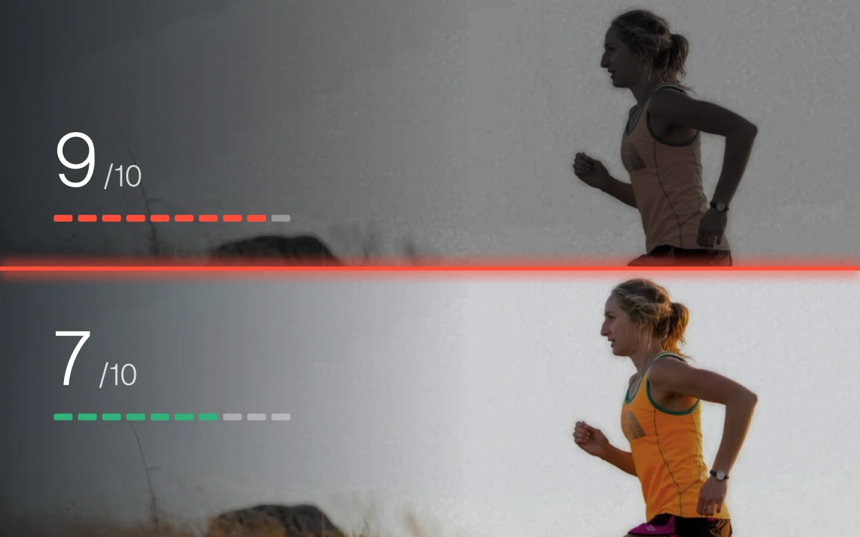 Runner before and after, perceived effort 9 and 7 out of 10