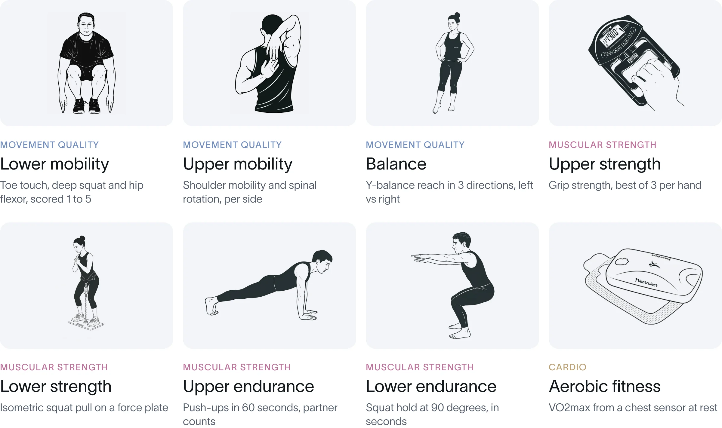 Die acht Bewegungstests: Mobilität von Unter- und Oberkörper, Gleichgewicht, Kraft von Ober- und Unterkörper, Ausdauer von Ober- und Unterkörper sowie aerobe Fitness