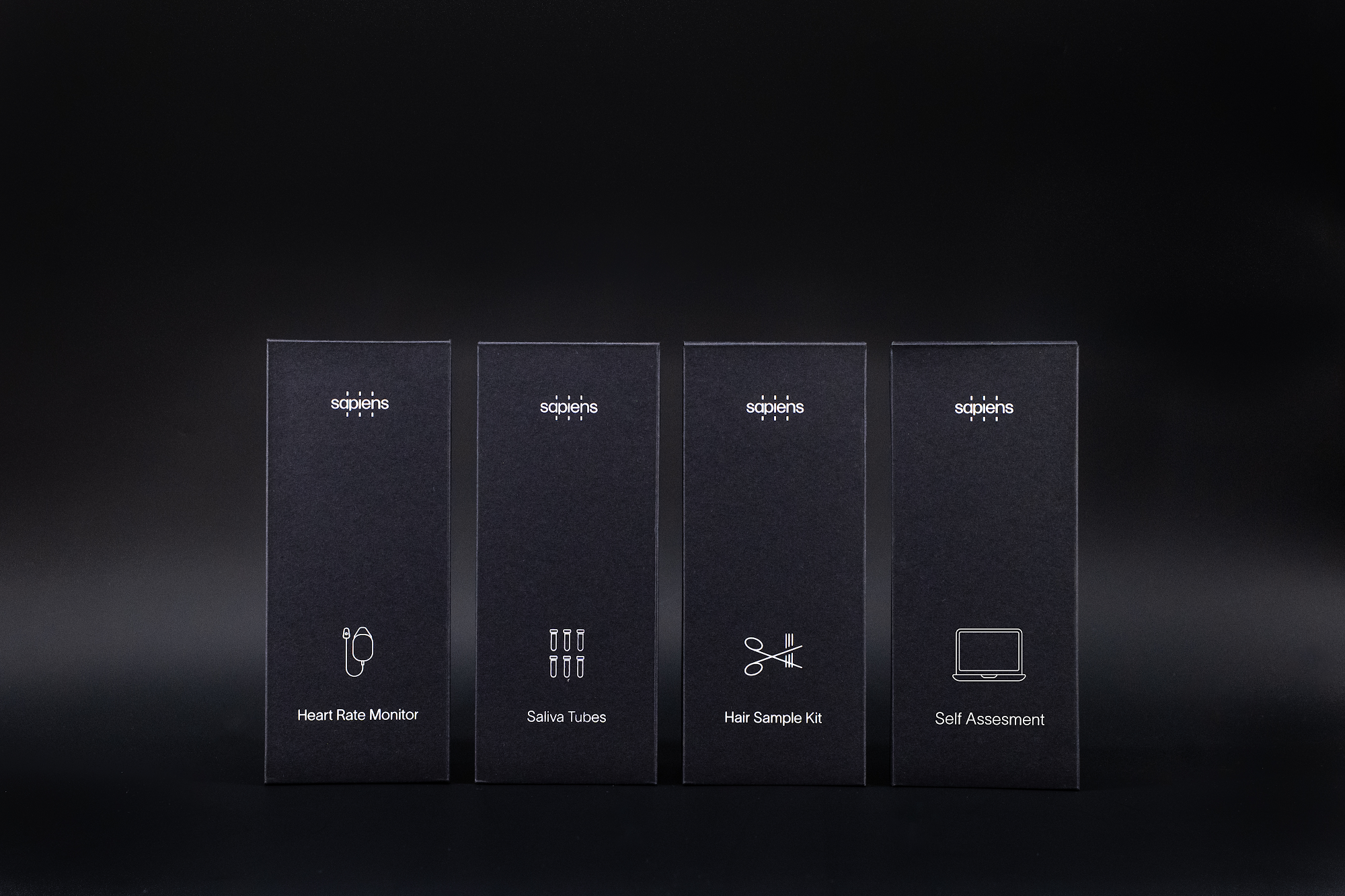 Sapiens test kits: heart rate monitor, saliva tubes, hair sample kit, self-assessment