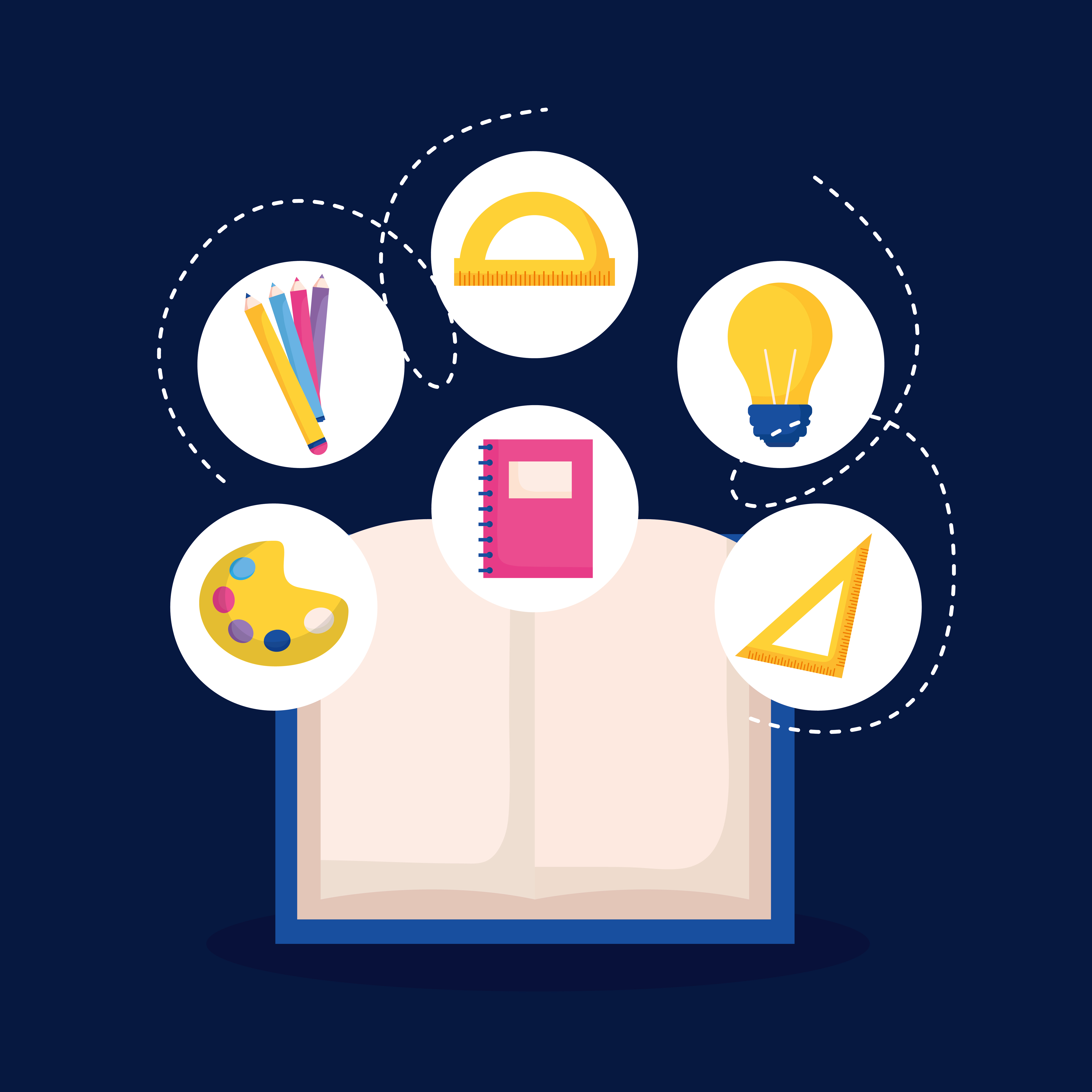 Illustrated open book with paint pallet, measuring square, measuring circle, light bulb, set of writing utensils, and notebook hovering over.