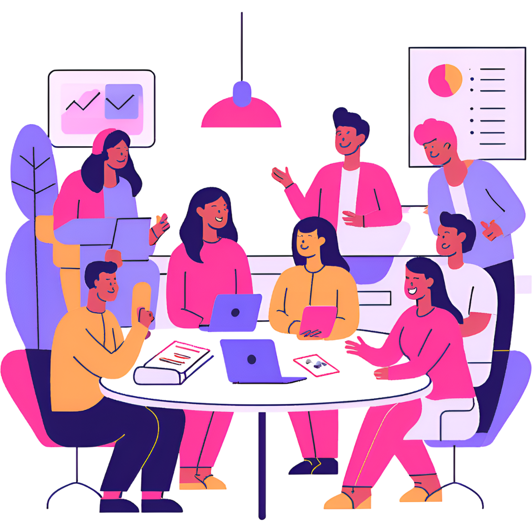 Illustrated employees collaborating around a table with two laptops.  Four people are sitting and three are standing.  All are smiling.