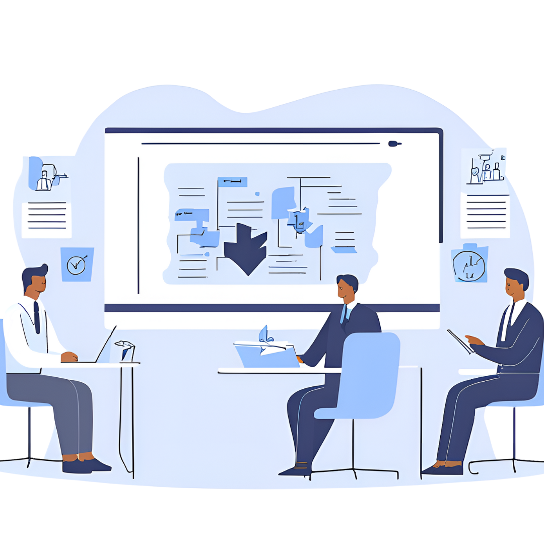 Three people in business suits sit with laptops.  Data and business visuals are displayed on the walls.