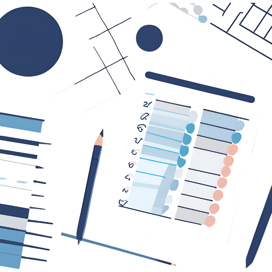 A stack of papers displaying data, topped by a blue pencil.
