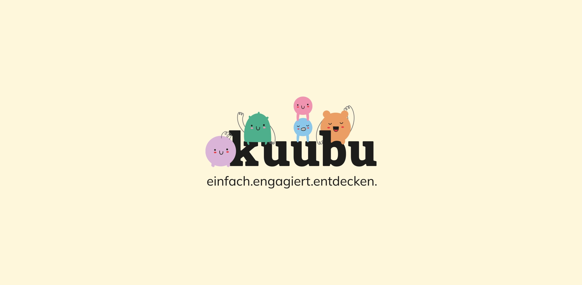 Kuubu-Logo mit süßen, bunten Charakteren auf lila Hintergrund