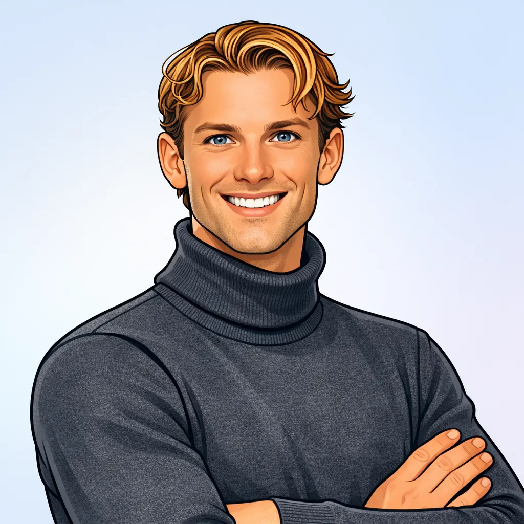 Dashly - Young man with blonde hair and blue eyes smiling, wearing a dark gray turtleneck sweater with arms crossed.