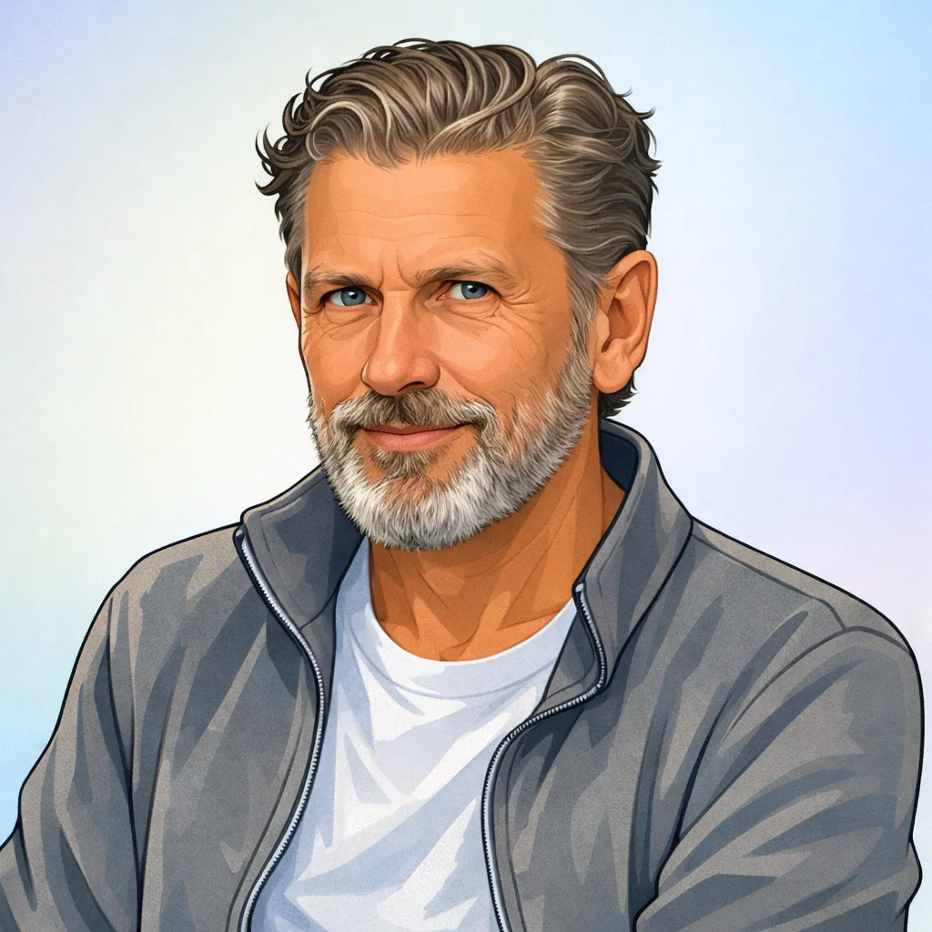 Dashly - Illustration of a middle-aged man with gray hair and beard wearing a gray jacket over a white shirt, smiling gently.