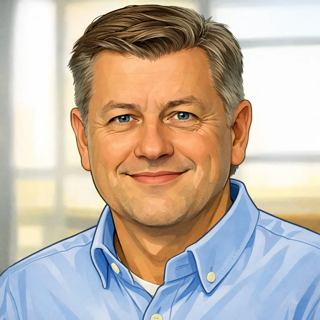 Dashly - Portrait of a middle-aged man with gray hair and blue eyes, smiling and wearing a light blue button-up shirt.