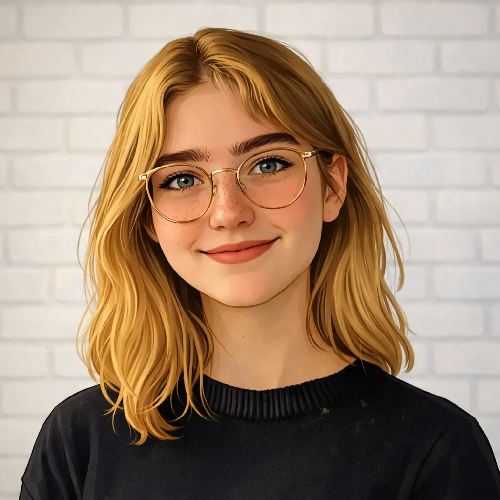 Dashly - Young woman with blonde hair, freckles, and gold-rimmed glasses smiling against a white brick wall background.
