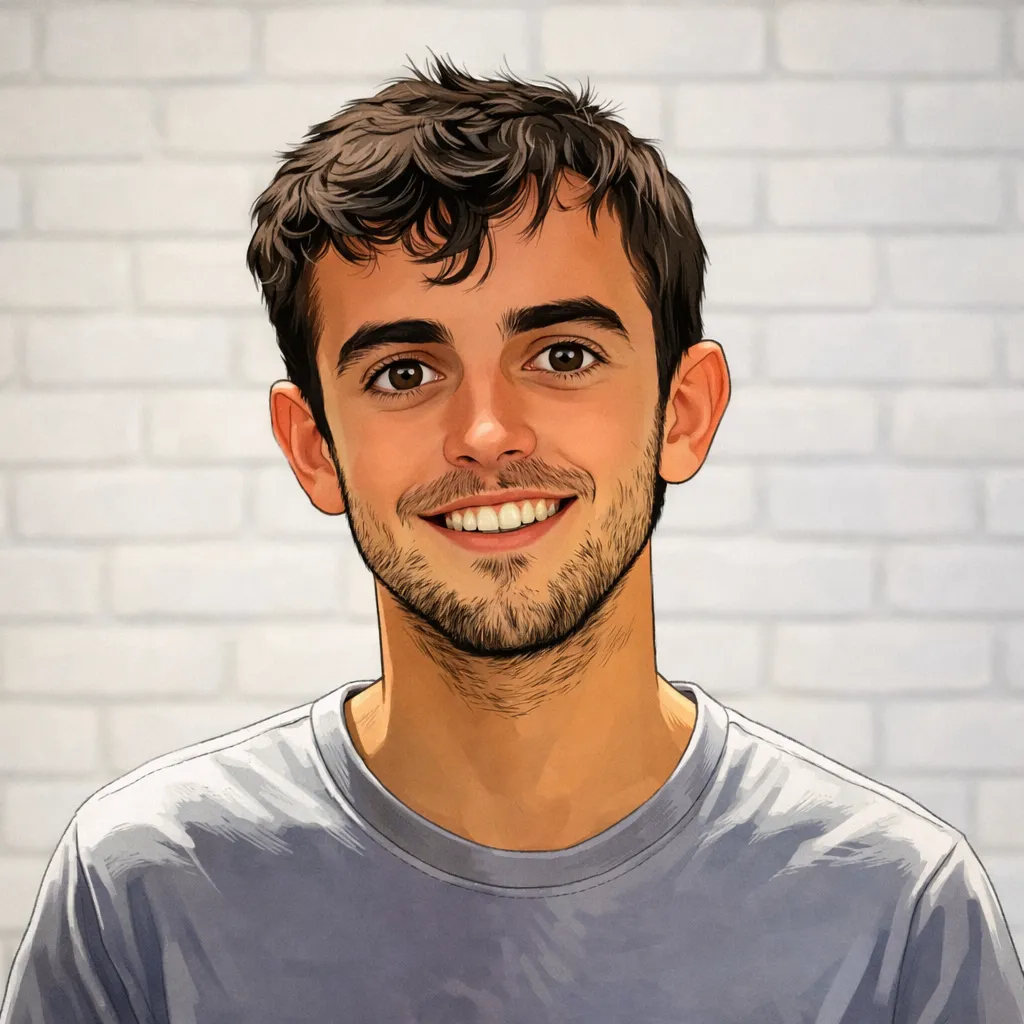 Dashly - Young man with short brown hair and a beard smiling in front of a white brick wall.