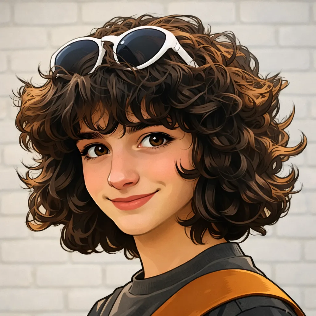 Dashly - Young woman with curly brown hair wearing white sunglasses on her head and an orange strap over her shoulder, smiling softly against a light brick wall.