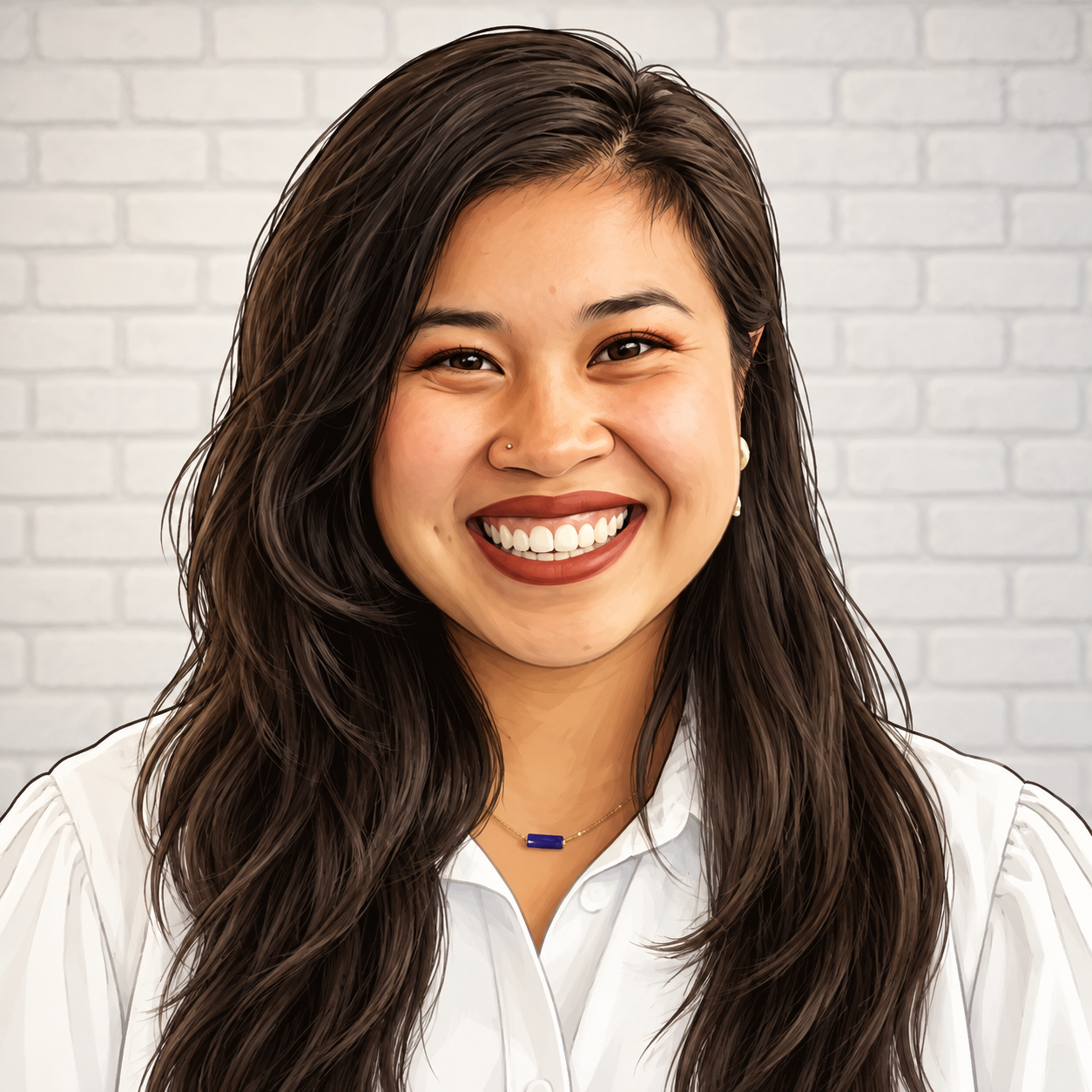Dashly - Young woman with curly brown hair wearing white sunglasses on her head and an orange strap over her shoulder, smiling softly against a light brick wall.