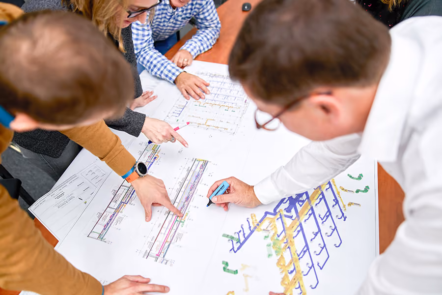 Several people are looking at technical plans on a desk from a bird's eye view.