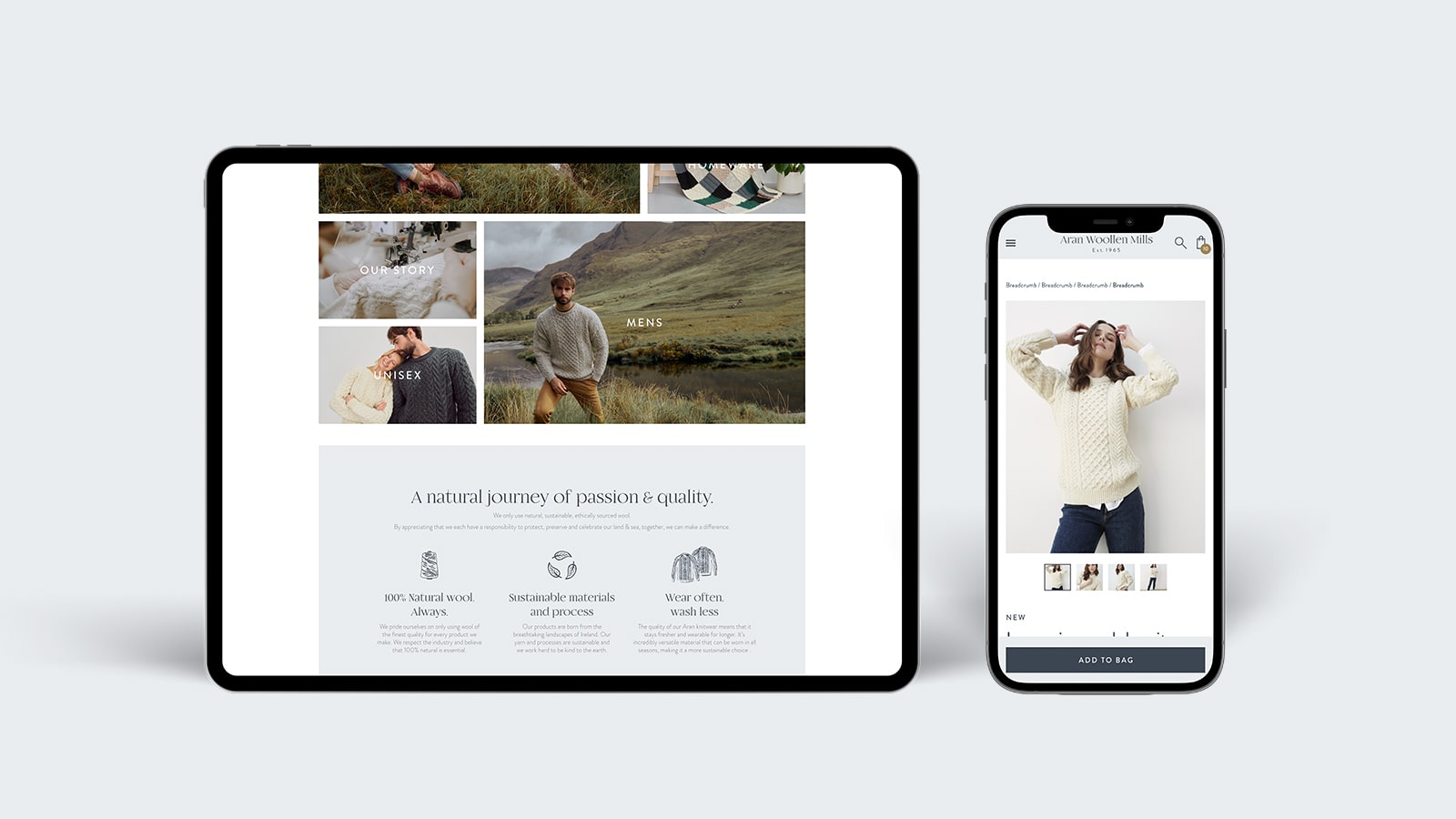 Mobile and desktop view of Aran Woollen Mills Shopify Website