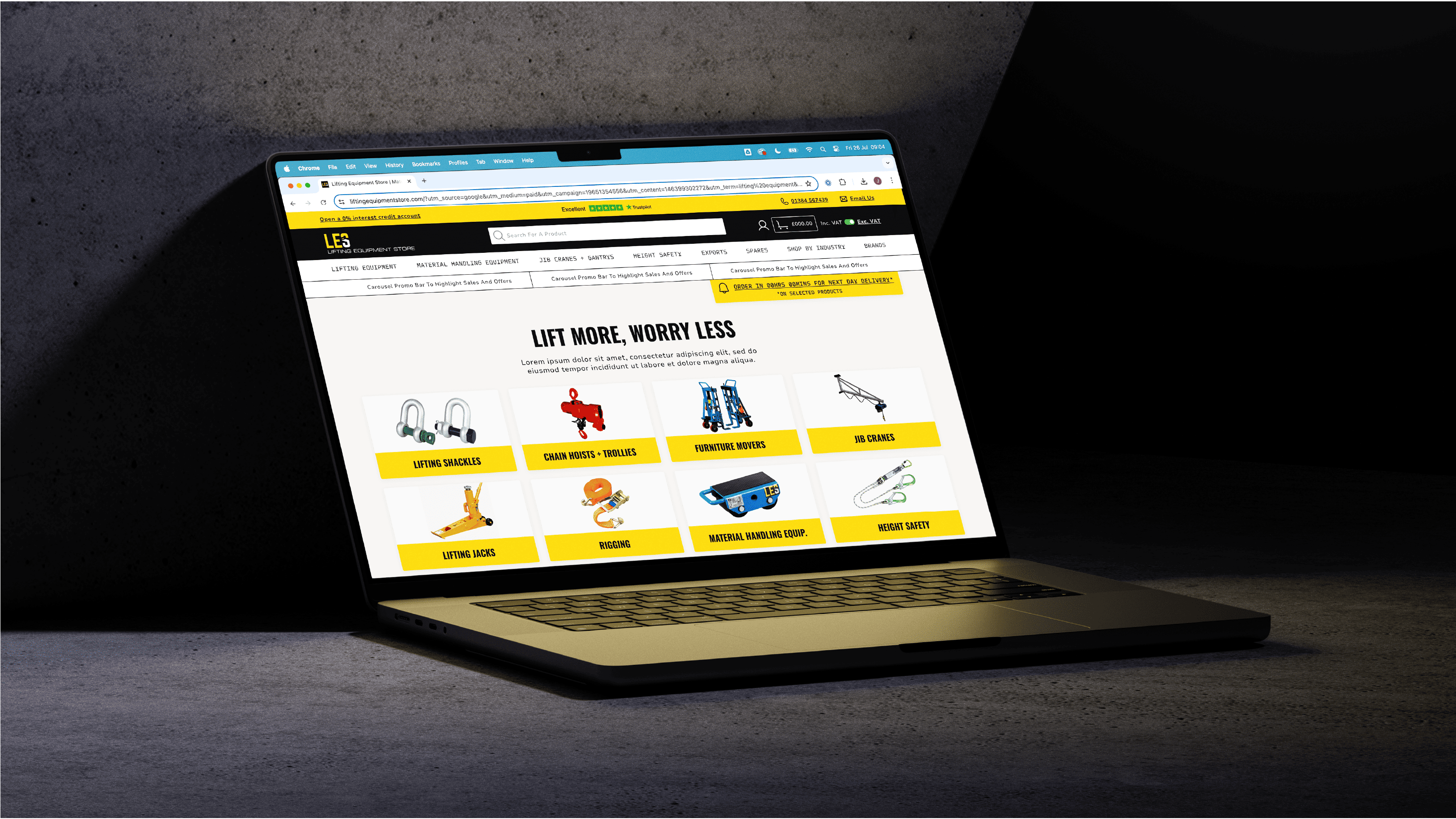 Lifting Equipment Store Shopify Website on a laptop
