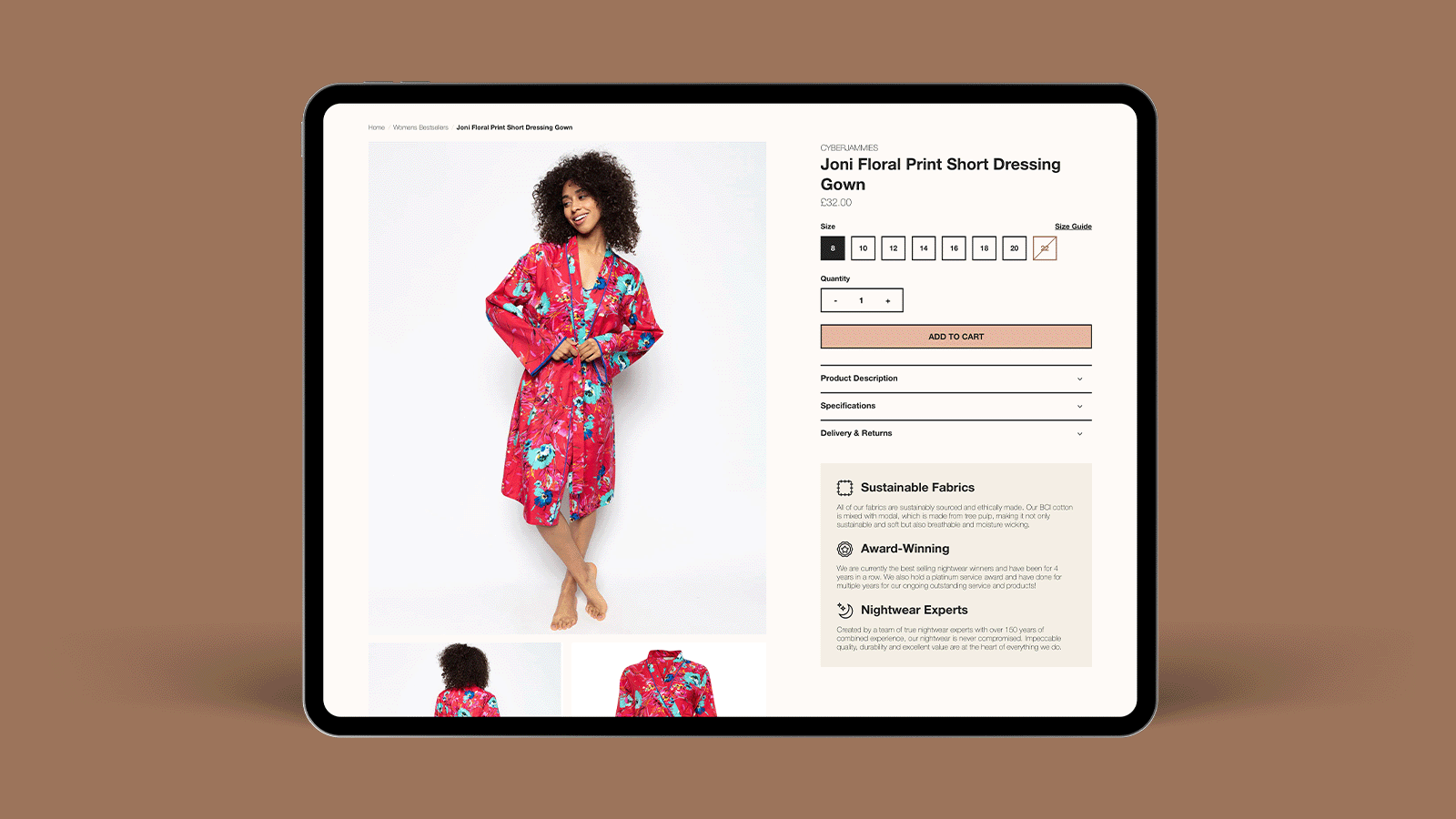 Cyberjammies Shopify Store on a tablet screen