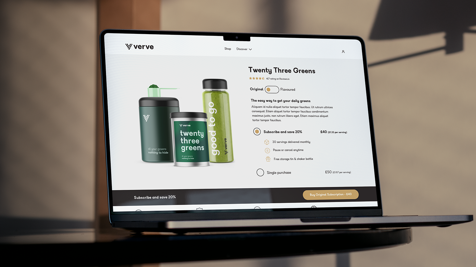 Verve Shopify Store on a laptop screen
