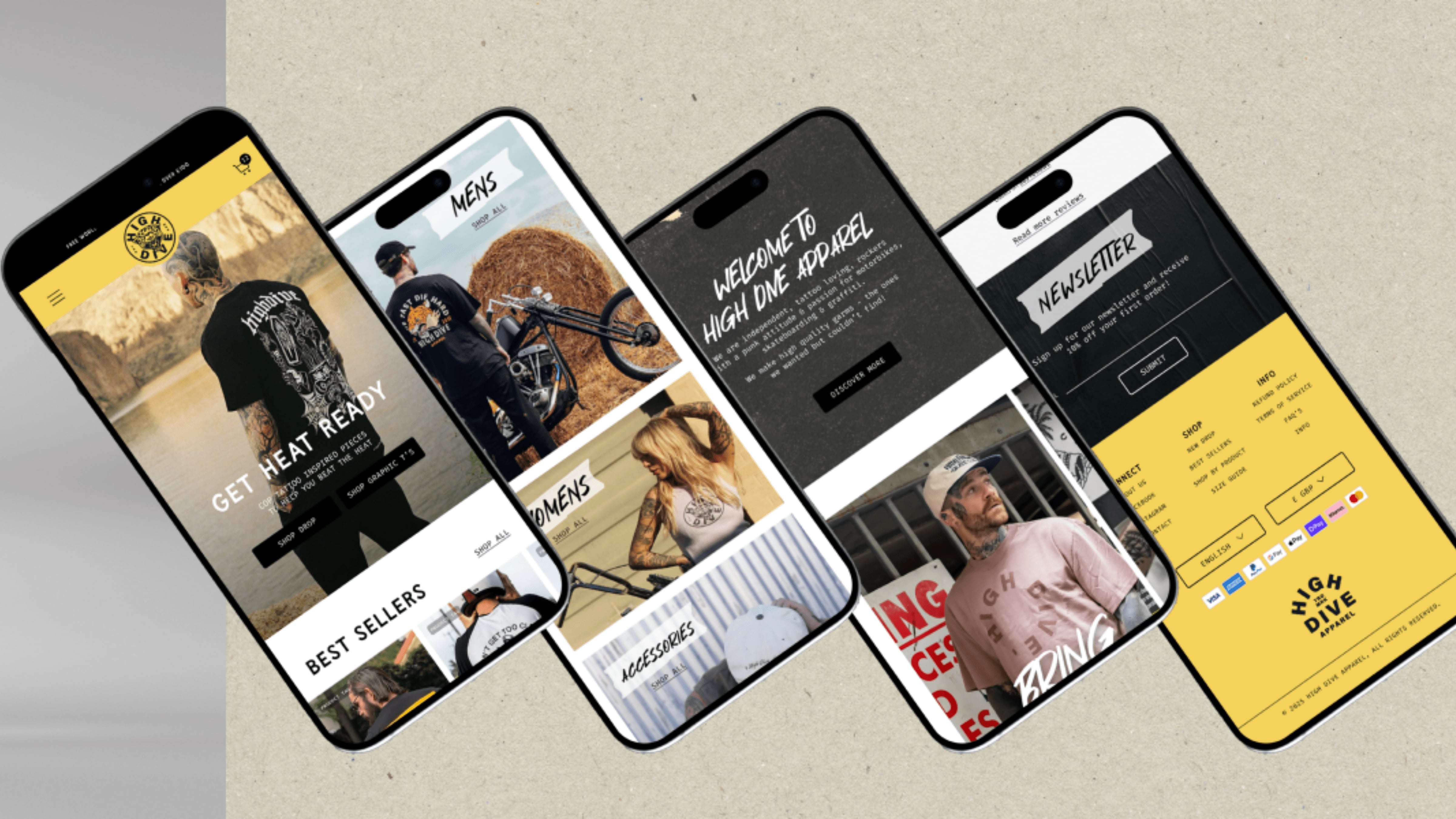 High Dive Apparel Shopify store on multiple mobile phone screens