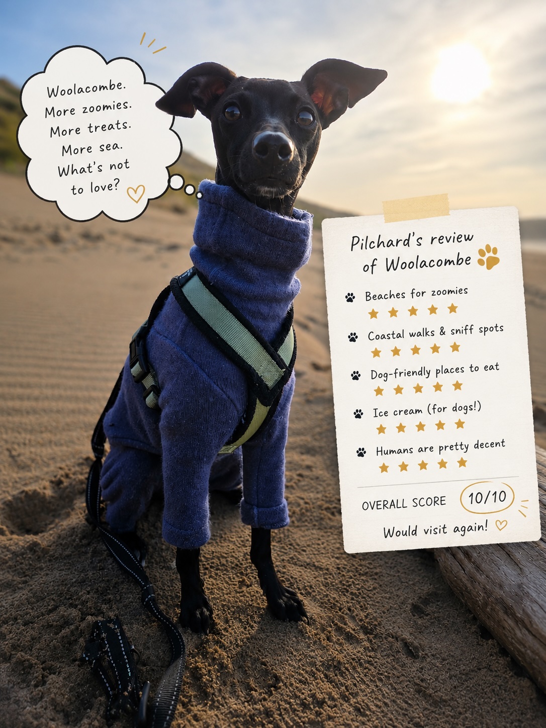 A cute Italian Greyhound dog on a beach with text describing how much he loves Woolacombe