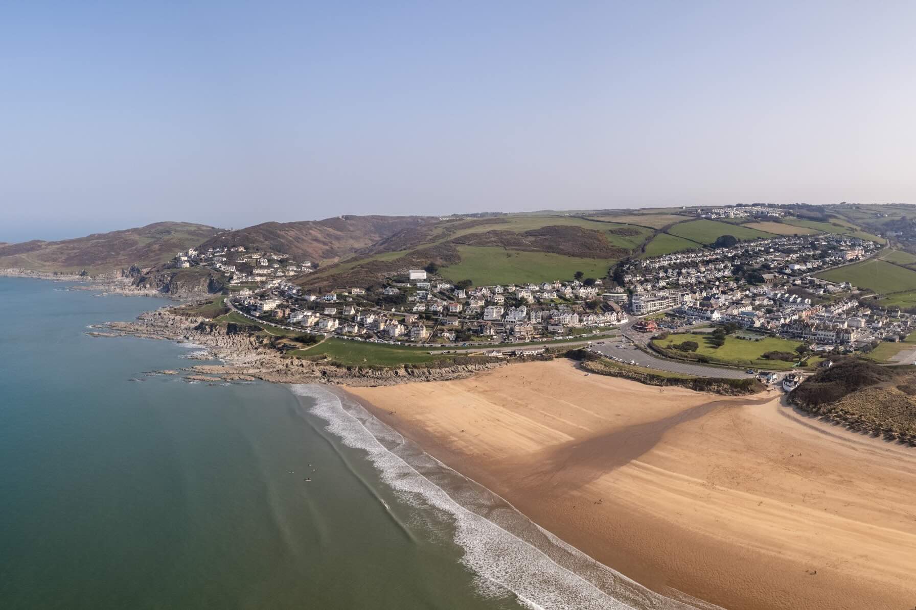 Drone view of Woolacombe beach and village