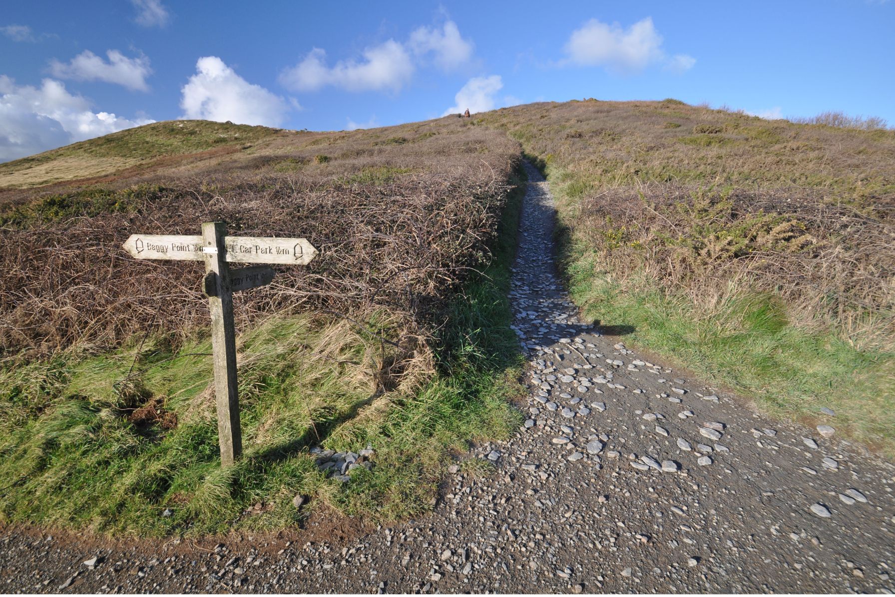 Signpost on the South West Coast path leading to Baggy Point