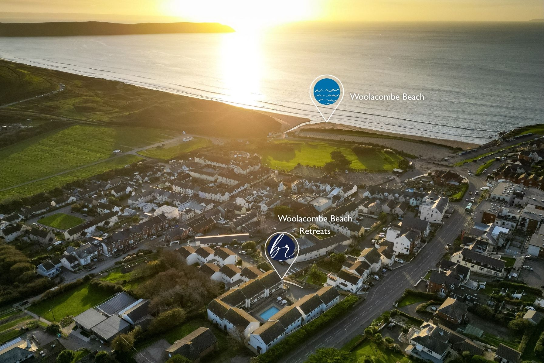 Drone view of Wooacombe showing the Beach Retreats and proimity to the beach