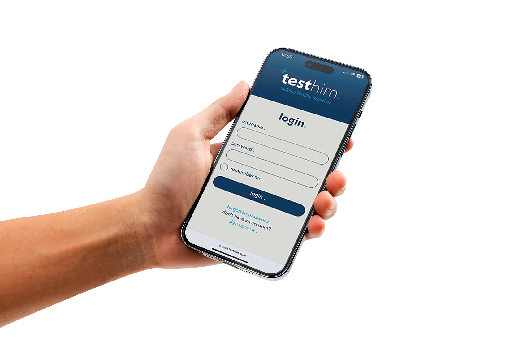 A hand holding a phone with the Testhim app on it
