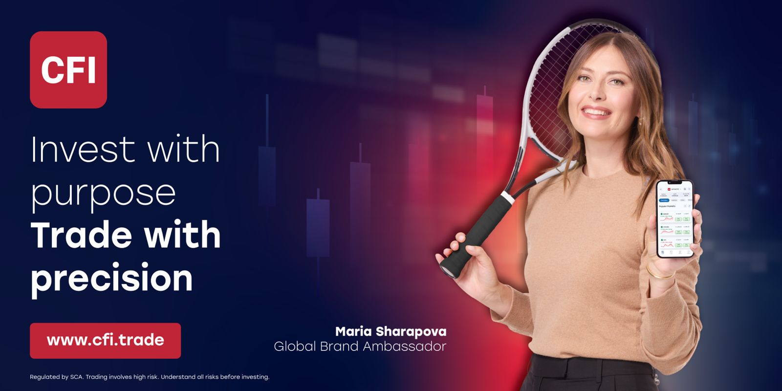 Maria Sharapova holding a tennis racket and showing a phone with trading app, promoting CFI.