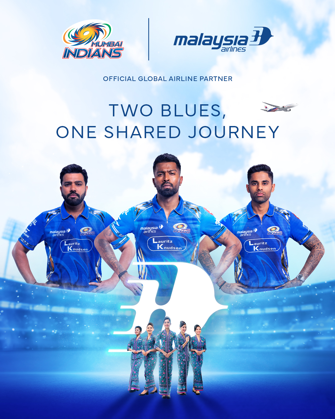 Three Mumbai Indians cricketers in blue jerseys above Malaysia Airlines flight attendants in blue uniforms.