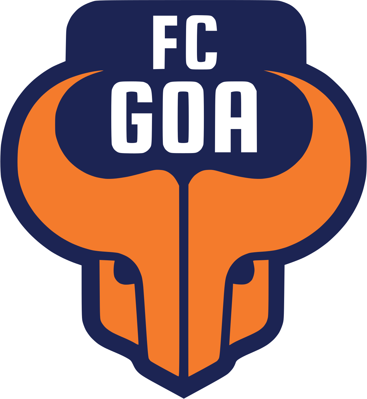 FC Goa logo with stylized orange bull head outlined in dark blue and white text FC GOA.