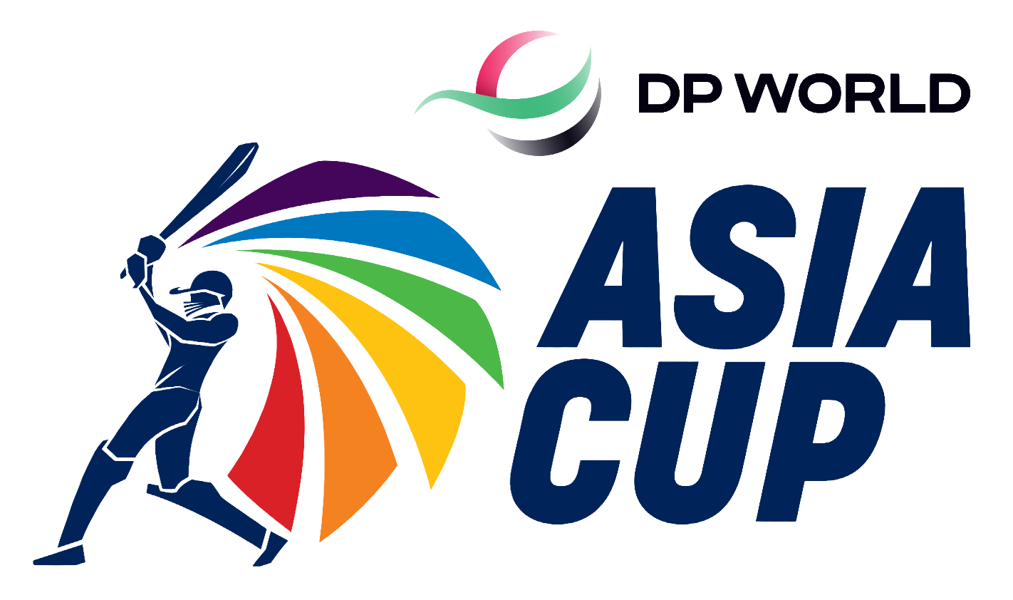 DP World Asia Cup logo with a batsman silhouette and colorful streaks representing cricket action.