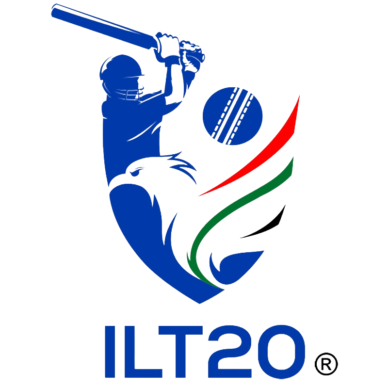 Logo of cricket batter with bat, ball, stylized eagle, and colored swooshes with text ILT20.