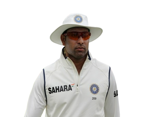 Cricket player wearing white Indian team uniform and hat with sunglasses.