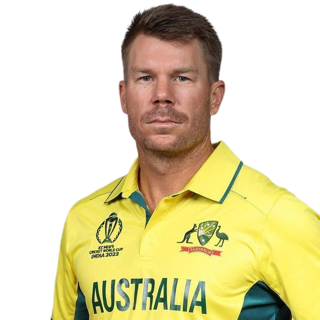 Male athlete in Australia cricket World Cup 2023 yellow jersey with kangaroo and emu logos.
